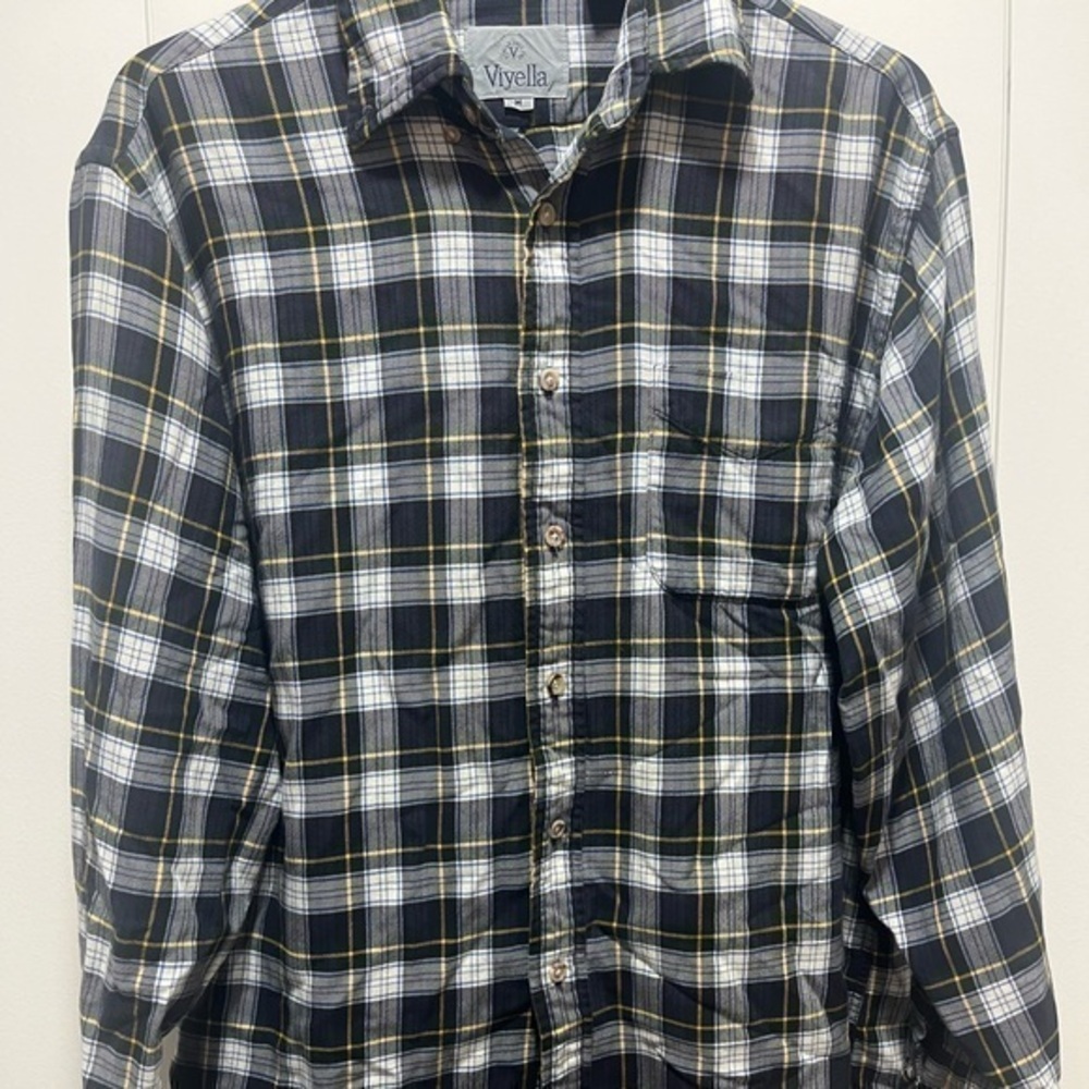 Viyella Shirt-Mens Med Wool Cotton Blend-Plaid-Navy Blue Green made in USA